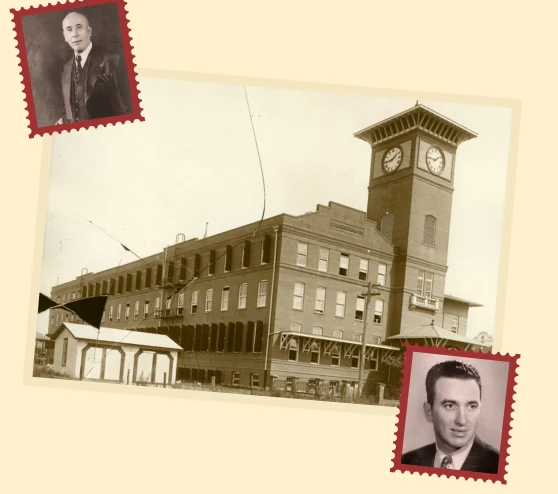 Vintage photo of the El Reloj factory in Tampa with two stamp portraits of J.C. Newman and Stanford J. Newman